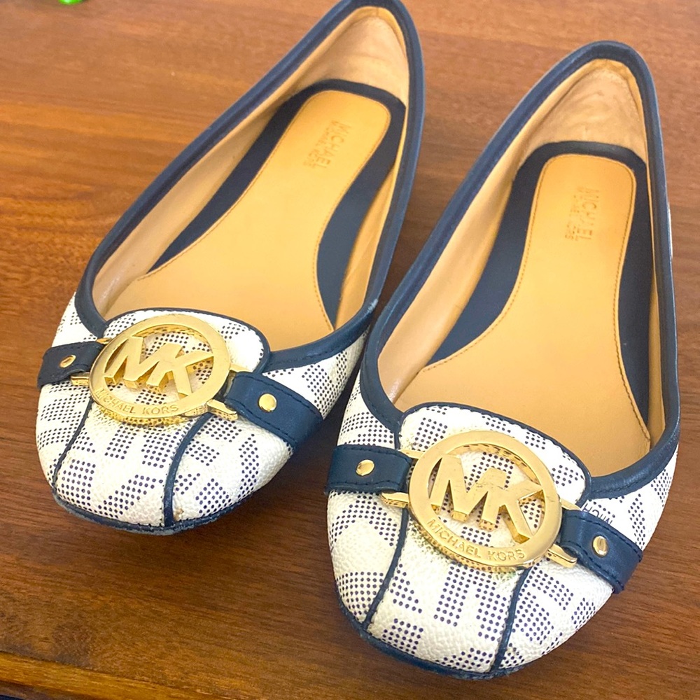Michael Kors Navy and White Logo Ballet Flats with Gold MK Medallion